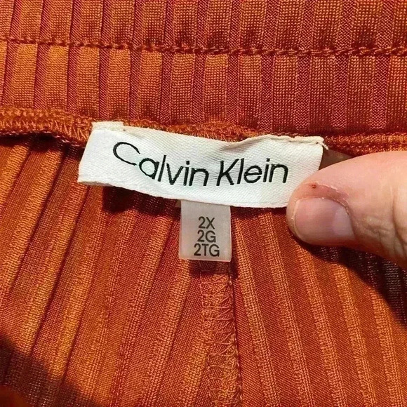 Calvin Klein Women Wide Leg Pants 2X Rust Ribbed Knit Pull on Loungewear Stretch - Picture 7 of 8